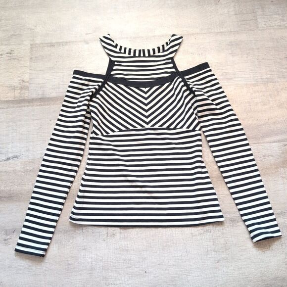 BEBE COLD SHOULDER STRIPED TOP STRETCHY S LONG SLEEVED - Picture 1 of 7